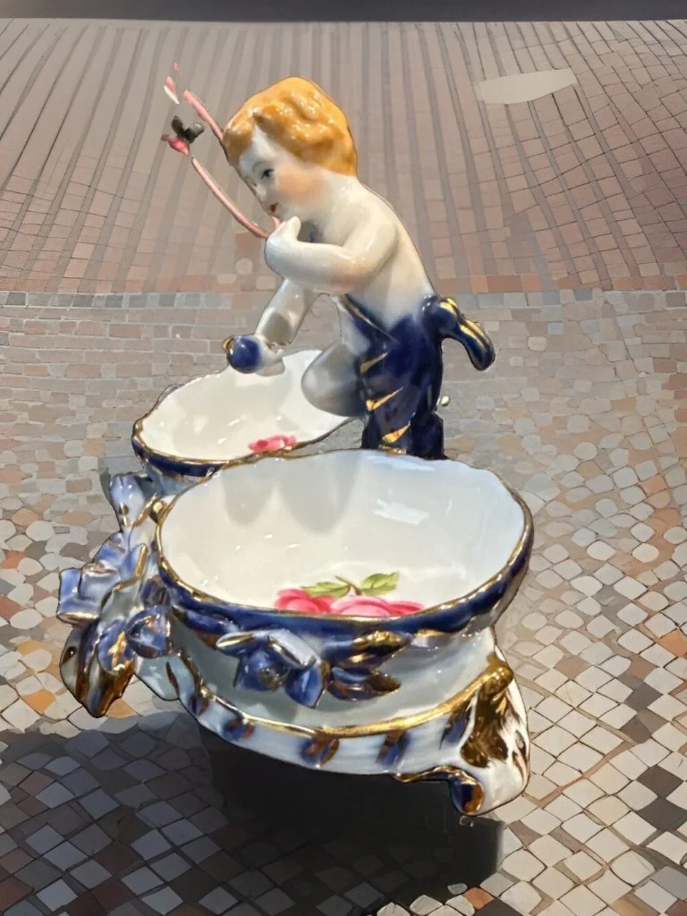 Antique Porcelain Derby Double Salt Cellar Cherub Blue & Gold